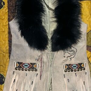 Double D Ranch Beige Vest with Black Fur Collar